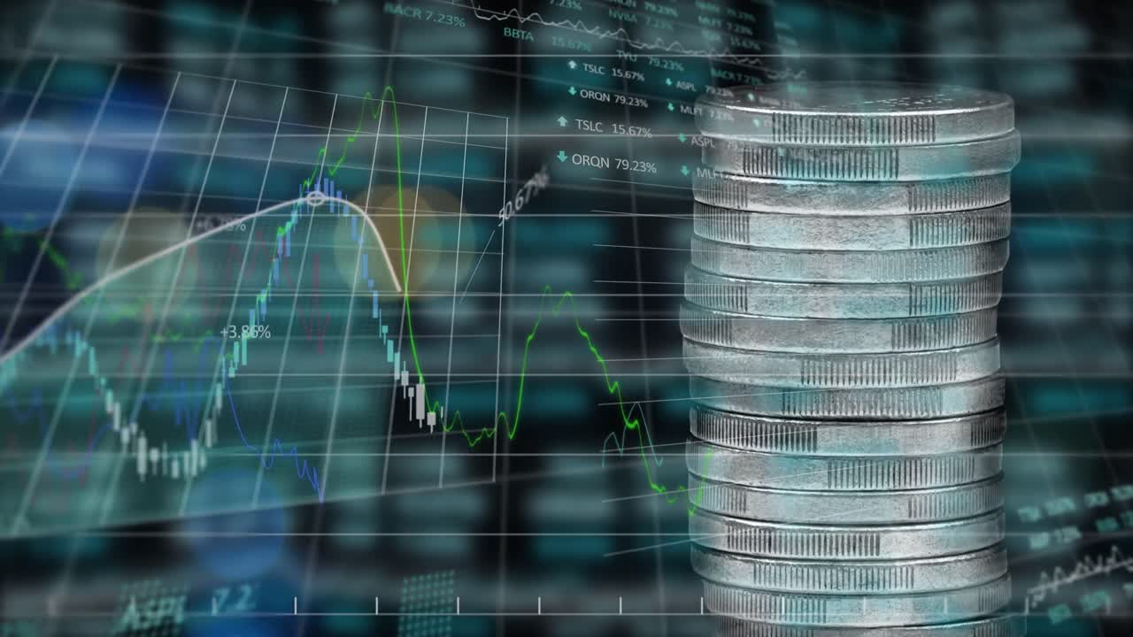 Animation of financial data processing over stack of silver coins