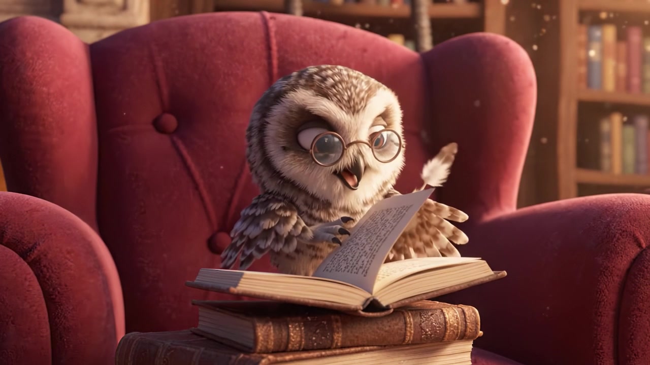 Uma coruja curiosa empoleirada em uma pilha de livros em uma biblioteca aconchegante, abraçando o calor do conhecimento enquanto usa óculos, refletindo o amor pela leitura
