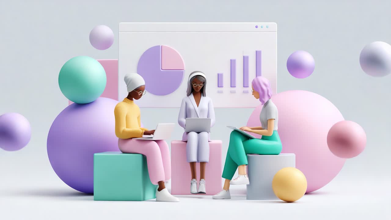 A Collaborative Scene Featuring Three Diverse Characters Engaged in a Discussion Surrounded by Colorful Geometric Shapes and Visual Data Representations in a Modern Setting