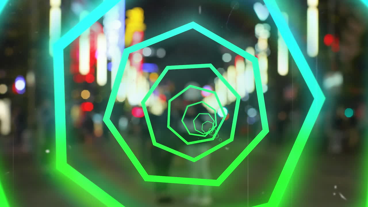 초점이 맞지 않는 도시 조명 위에 네온 패턴의 애니메이션