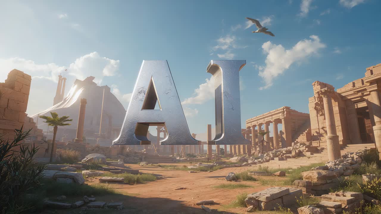 Glinting metallic letters AI floating above sandy ruin valley, sunlight shifting, seagull flying