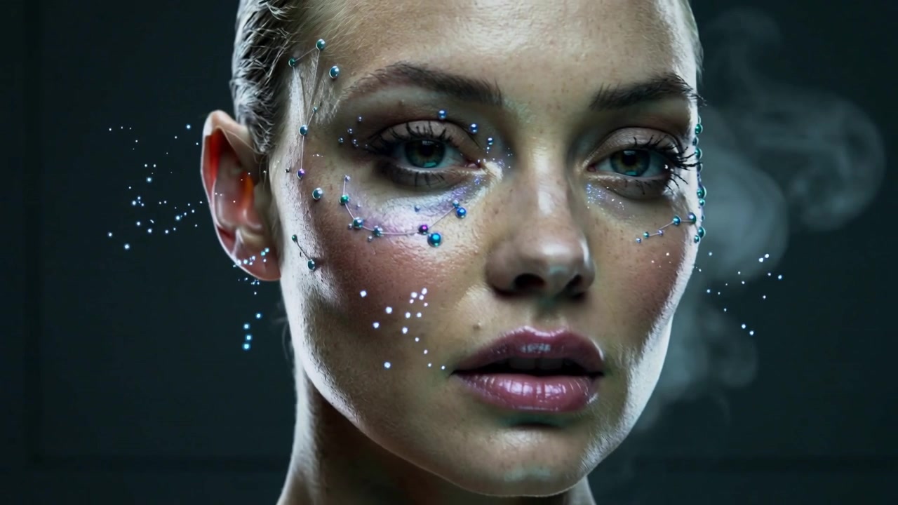 Pulling camera revealing model posing in studio, showcasing beaded makeup, vapor, particles