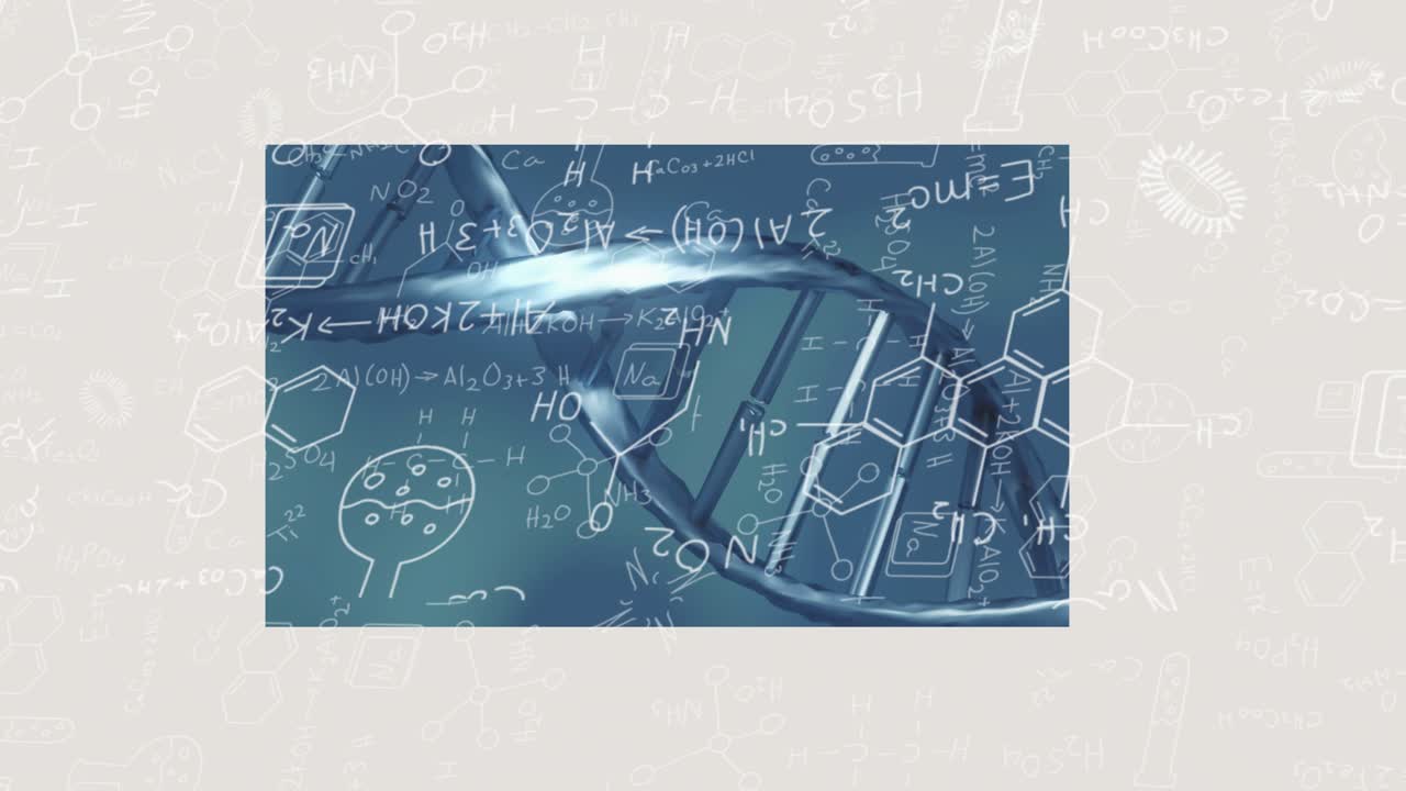 Camera zooming into 3D DNA helix as helix rotating and overlaying formulas highlighting compounds