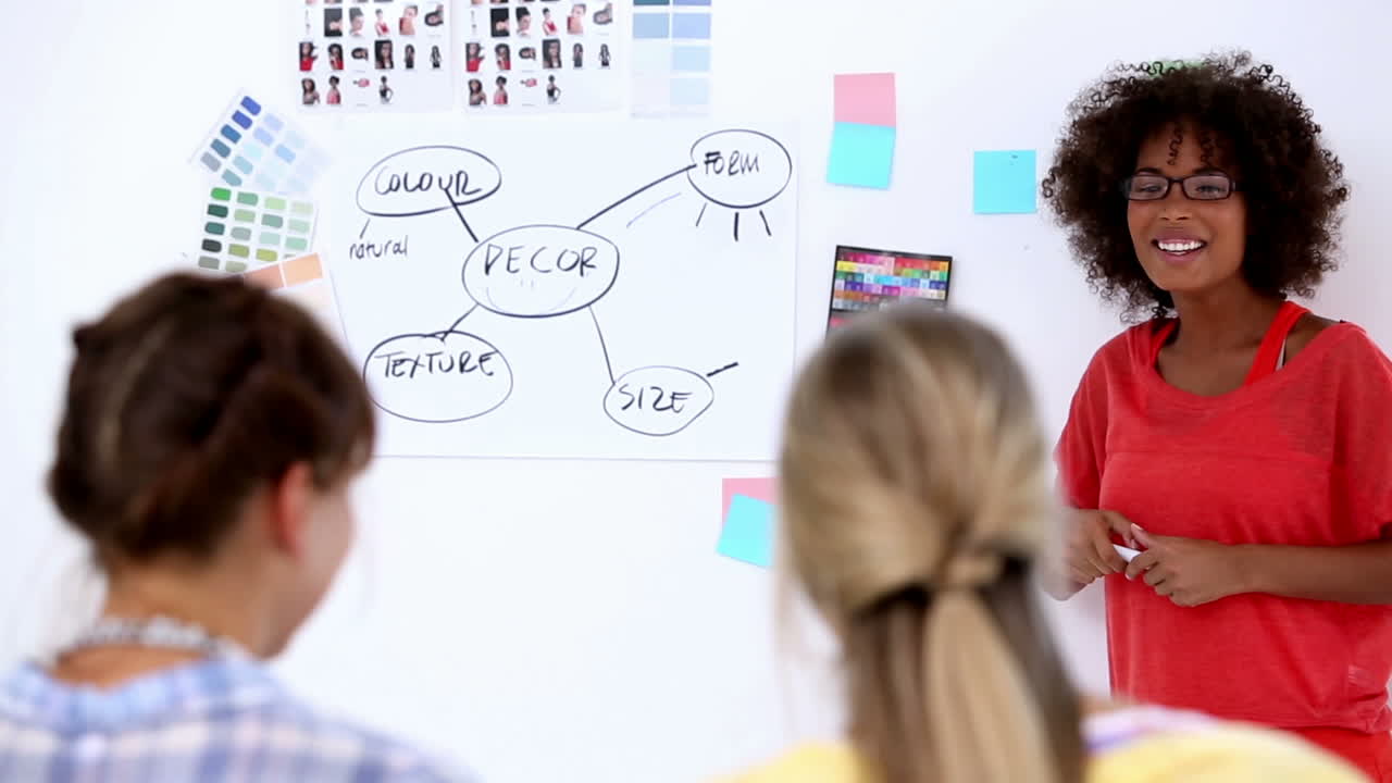 diseñador bonito señalando un plan en una pared