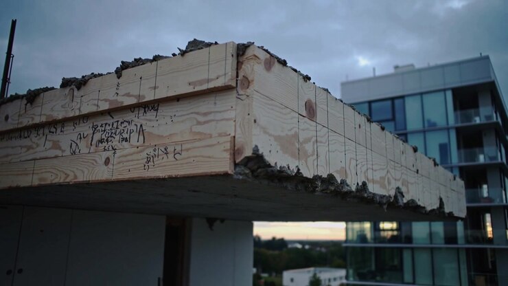 La telecamera si ritrae rivelando l'angolo di una soletta al piano superiore, mostrando i segni del compensato e un edificio in vetro.