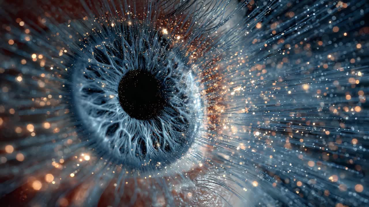An Artistic Exploration of the Eye: A Stunning Close-Up Revealing Intricate Details and Shimmering Particles in a Mesmerizing Display of Visuals