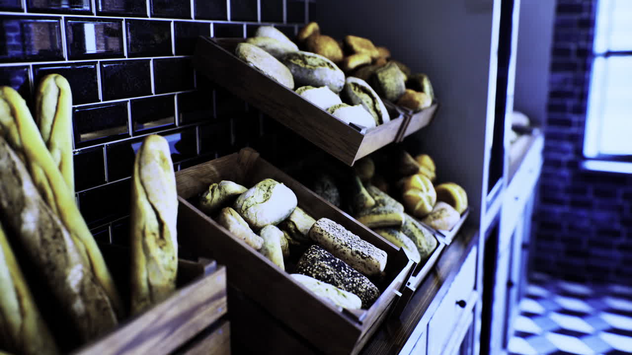 Freshly baked bread displayed in wooden crates at a cozy bakery