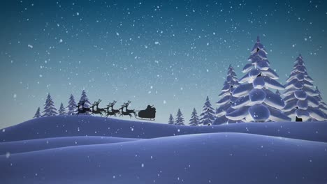 Animation-of-santa-claus-in-sleigh-with-reindeer-passing-over-snowy-winter-scenery