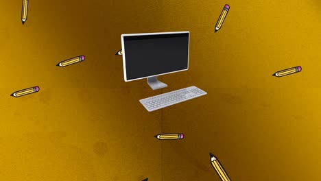 animation of falling yellow pencils and desktop computer on gold