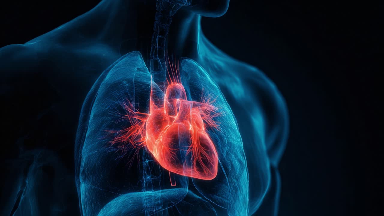 A striking visual of the human anatomy showcasing an intricately detailed heart glowing within the ribcage, surrounded by vibrant blue hues, highlighting the complexity of the cardiovascular system