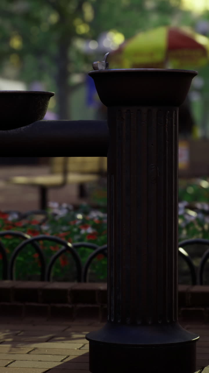Water fountain in public park during bright sunny day near flower beds
