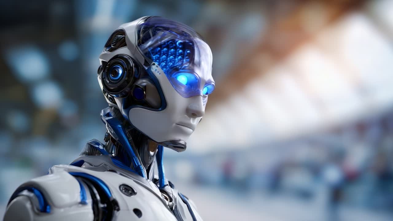 Modern bir ortamda sergilenen, şık bir design’a ve gelişmiş teknolojiye sahip, karmaşık özelliklerini ve parlayan öğelerini vurgulayan fütüristik insansı robot