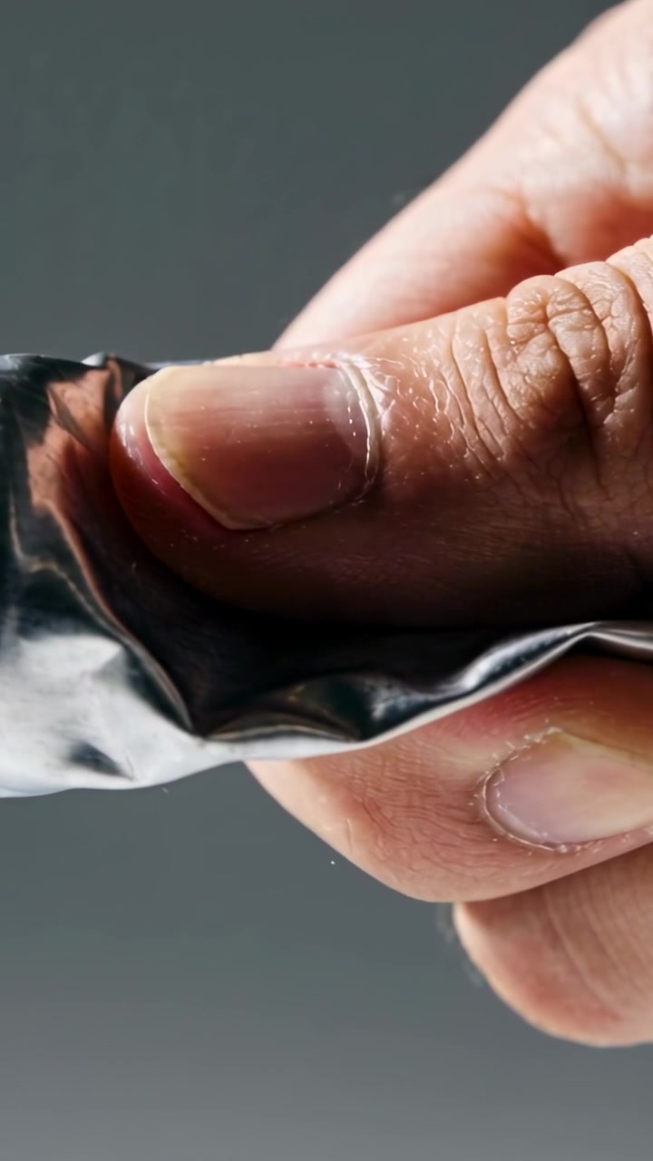 Vertical video: Pressing right thumb into foil tube on gray backdrop, starting from shallow indent
