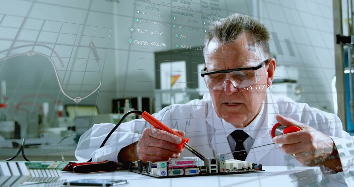 Senior Engineer Soldering Circuit Board with Digital Data Overlay