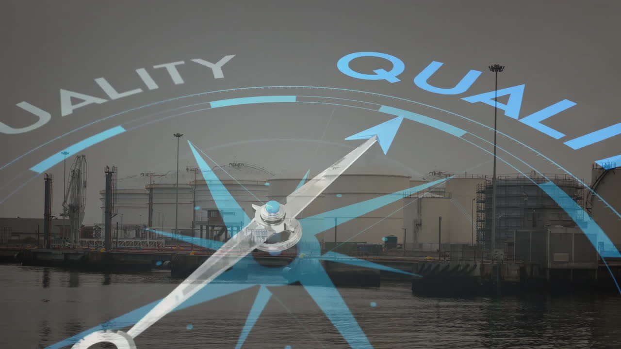 Quality compass animation over industrial port with water and buildings