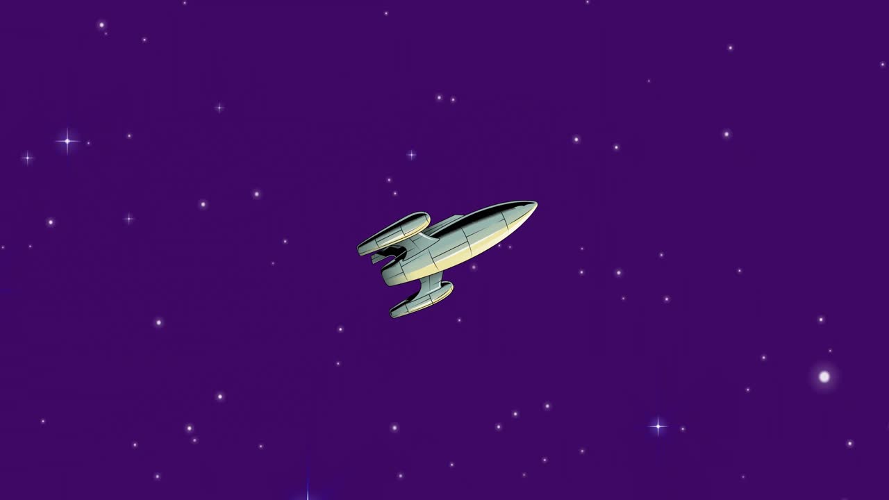 animación del universo con nave espacial y estrellas en el cielo púrpura