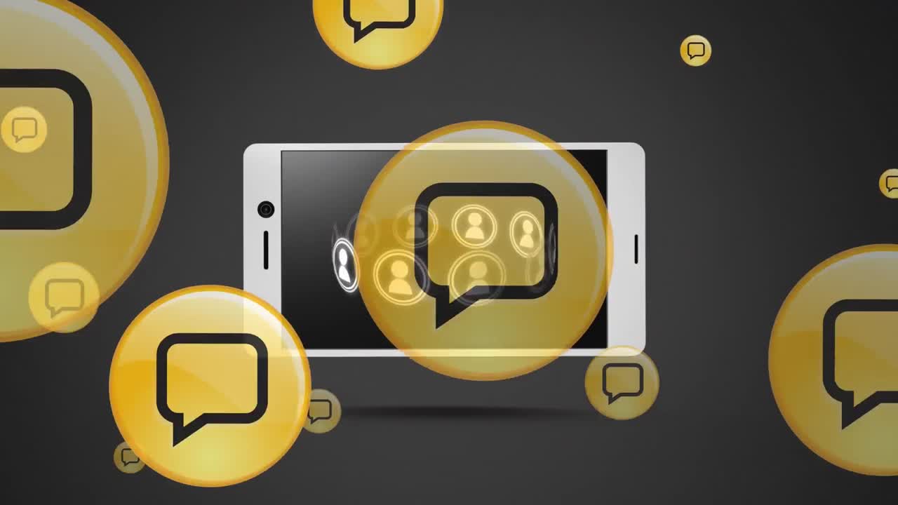 animación de los iconos de burbuja de habla en el teléfono inteligente sobre fondo negro