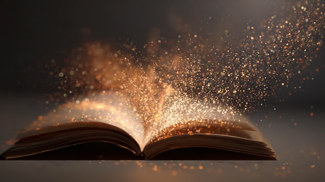 An Enchanting Open Book Overflowing with Magical Sparks: A Visual Journey into a World of Imagination and Creativity Awaits with Every Turn of the Page and Flicker of Light