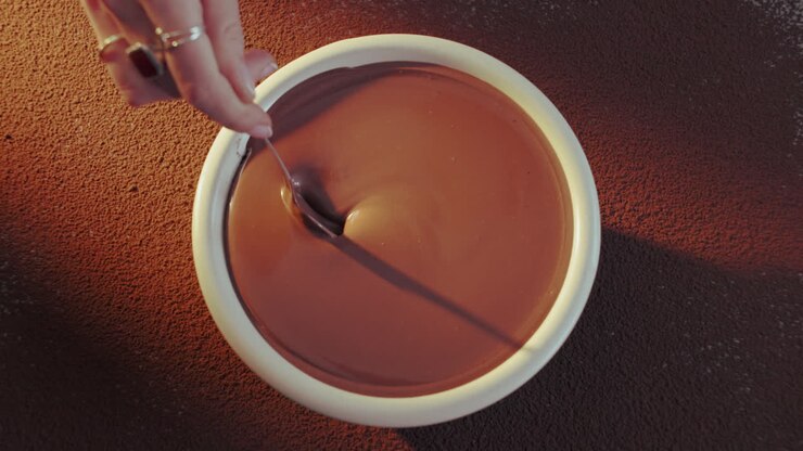 Dessert al cioccolato in una ciotola con un cucchiaio