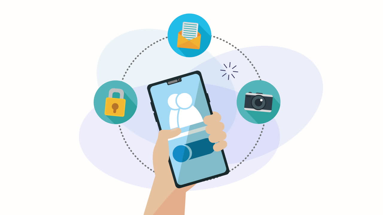 mano usando el teléfono inteligente con animación de marketing de redes sociales