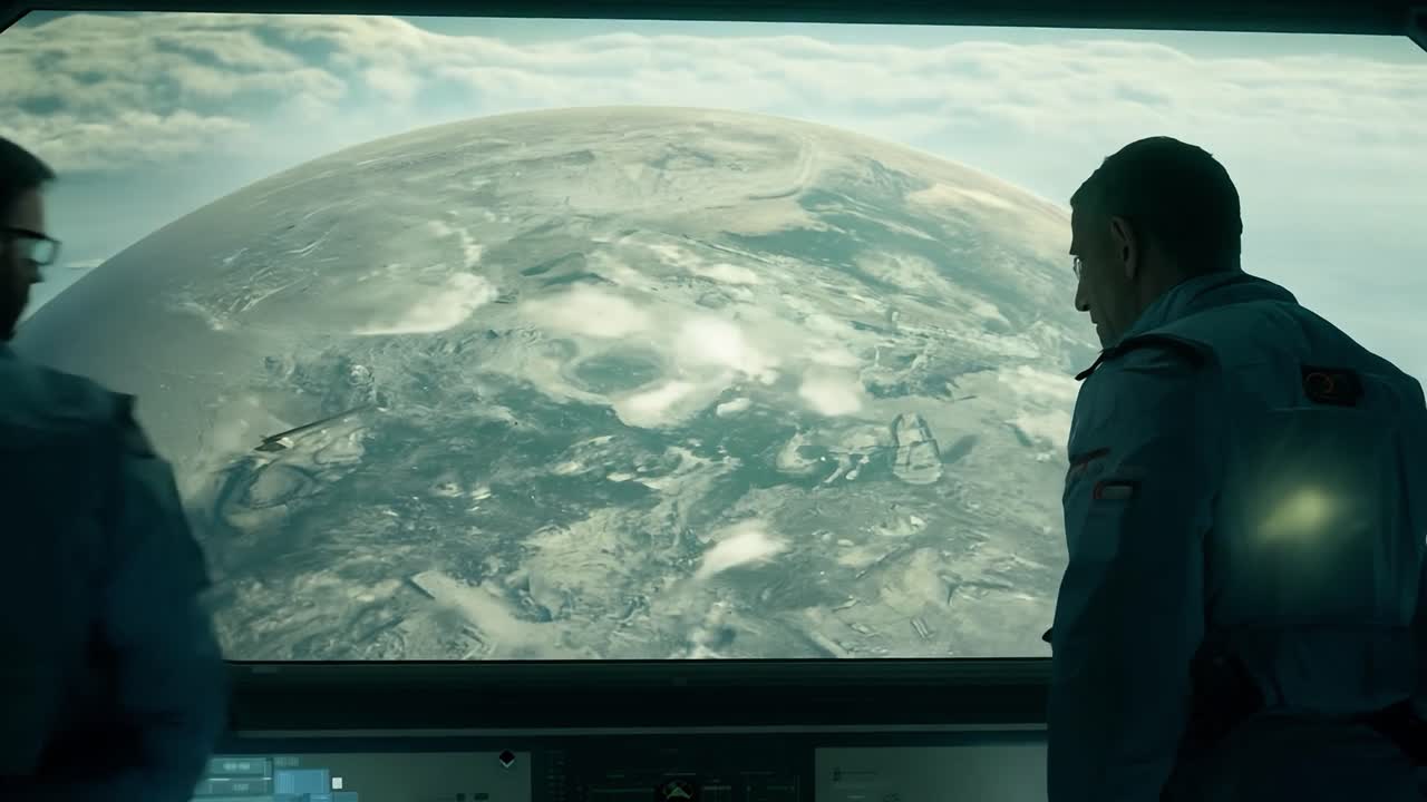 Des astronautes regardent la Terre par la fenêtre du vaisseau spatial