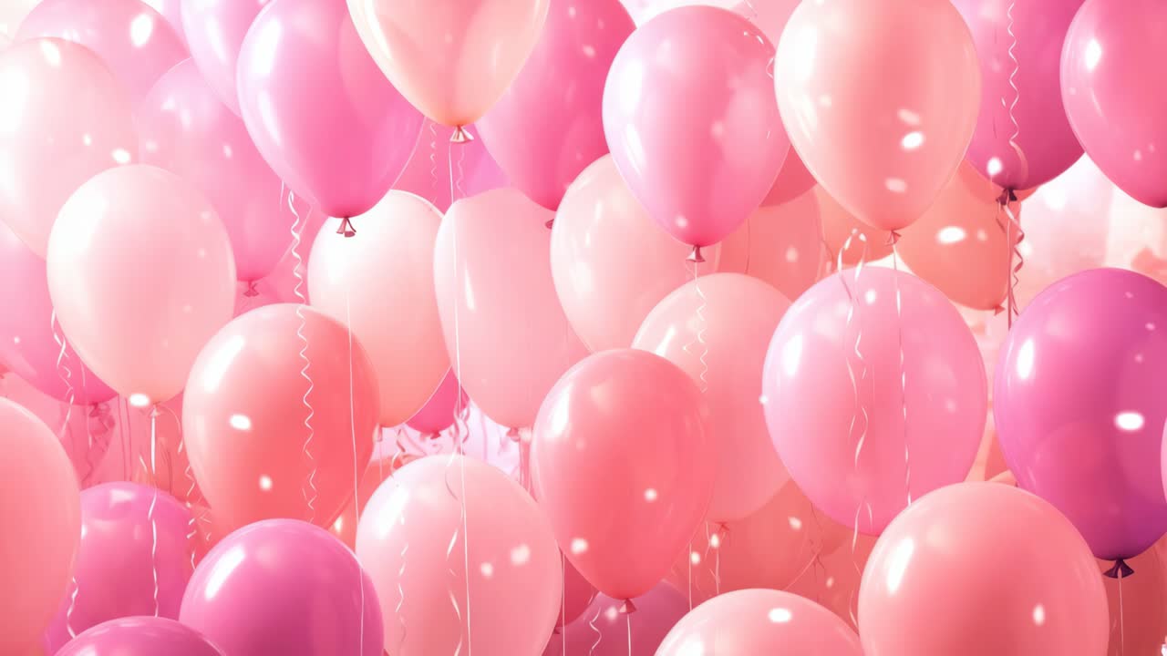 Una scena video festosa con palloncini rosa che fluttuano verso l’alto