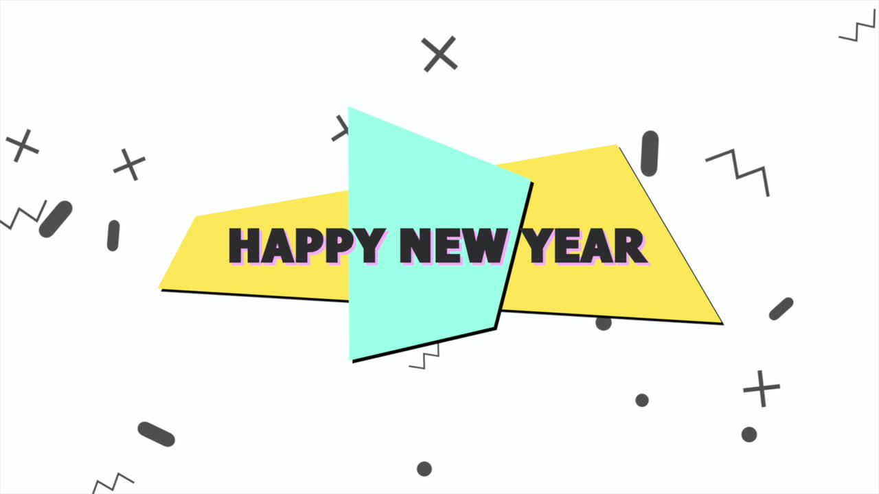 애니메이션 텍스트 새해 복 많이 받으세요 및 모션 추상적 인 기하학적 모양 멤피스 배경 1