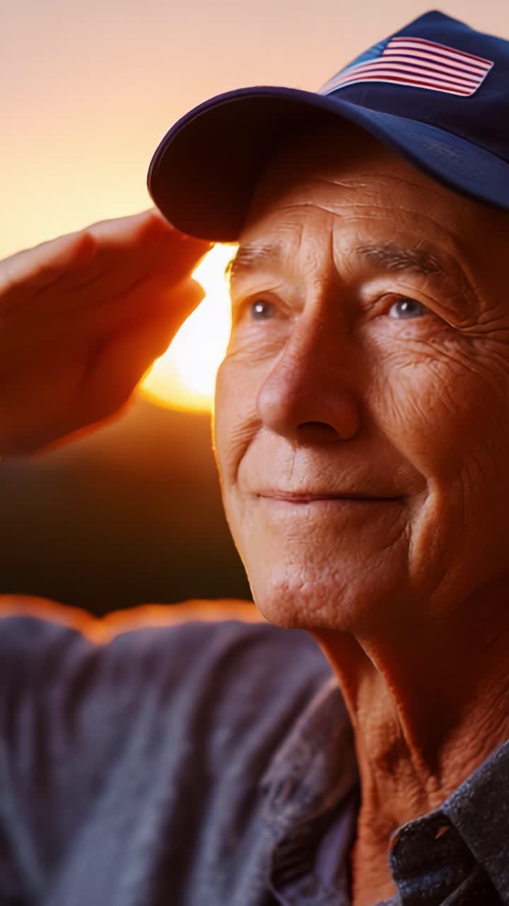 A Proud Elderly Man Saluting at Sunset, Symbolizing Honor and Respect with a Thoughtful Expression Against a Vibrant Background of Dusk's Warm Colors