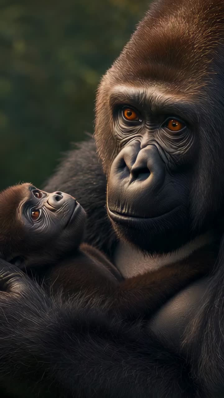 Vertical video: Camera focusing on adult gorilla cradling infant in forest, protecting infant