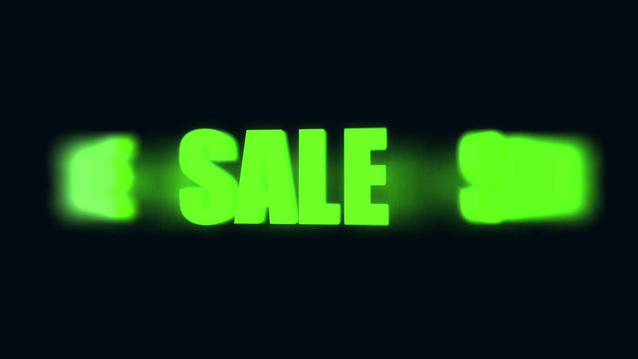 Spin the words "sale." Black background. Green letters. 4K. Looped animation. The announcement of the discount and sale.