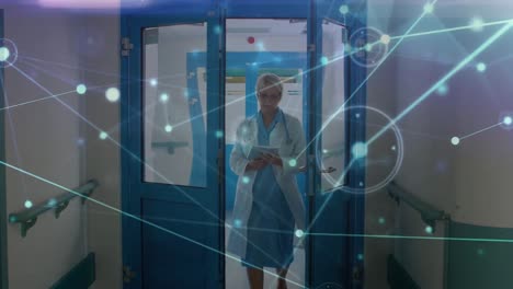 animation of network of connections over female caucasian doctor