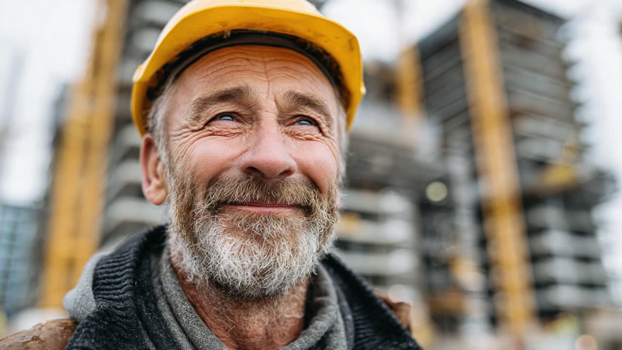 A Construction Worker Smiling Proudly Under a Safety Helmet Amidst Skyscrapers in Progress, Capturing Hope and Hard Work in the Modern Building Industry