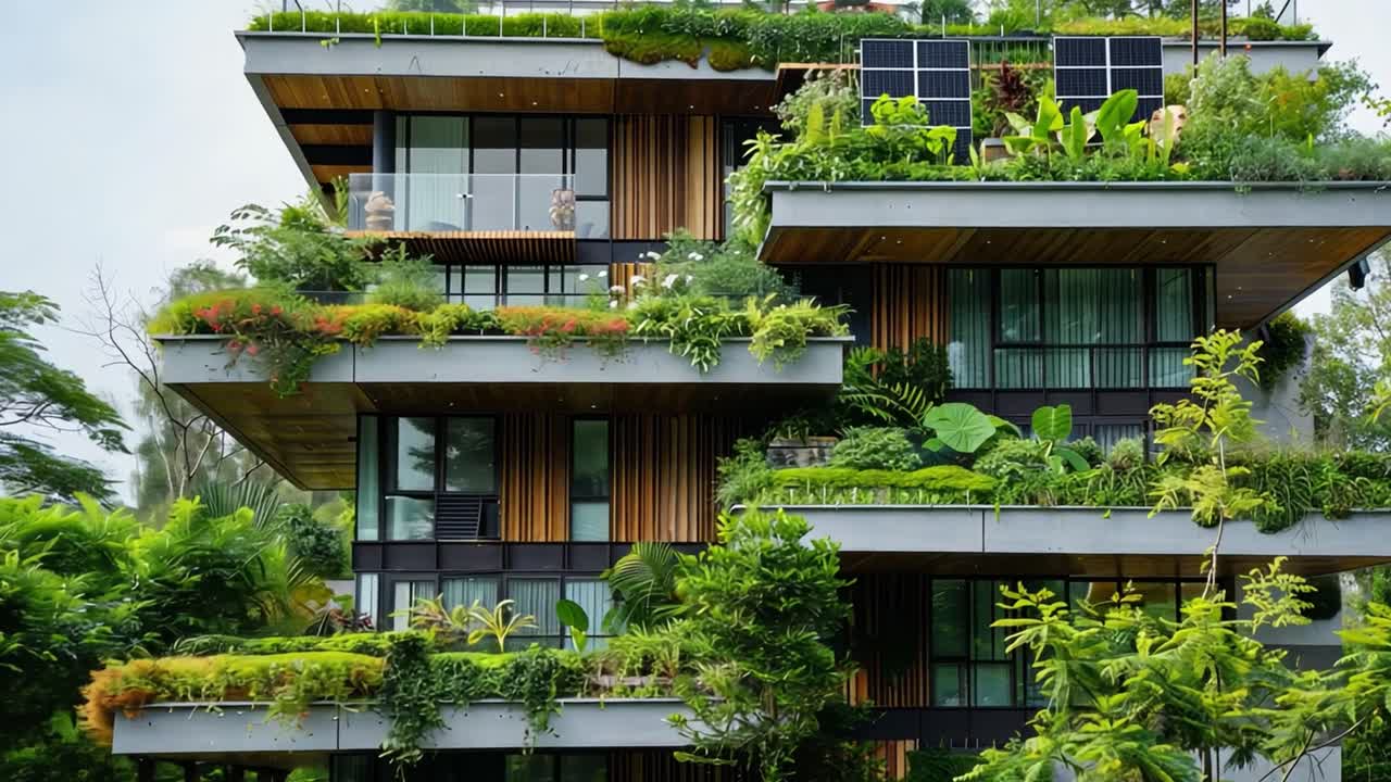 Modern Building with Extensive Greenery and Solar Panels