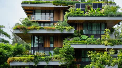 modern building with extensive greenery and solar panels