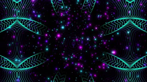 Animation-of-glowing-spots-of-green-and-purple-light-with-green-shapes-on-black-background