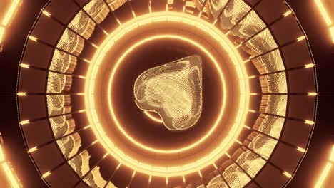 Gold-heart-rotating-in-circles-opening-in-iris-shape,-rendered-3d-graphic-animation