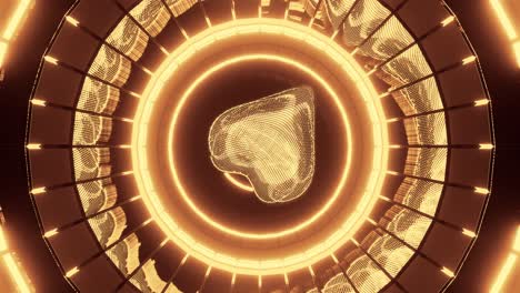 corazón de oro girando en círculos que se abren en forma de iris, animación gráfica 3d renderizada