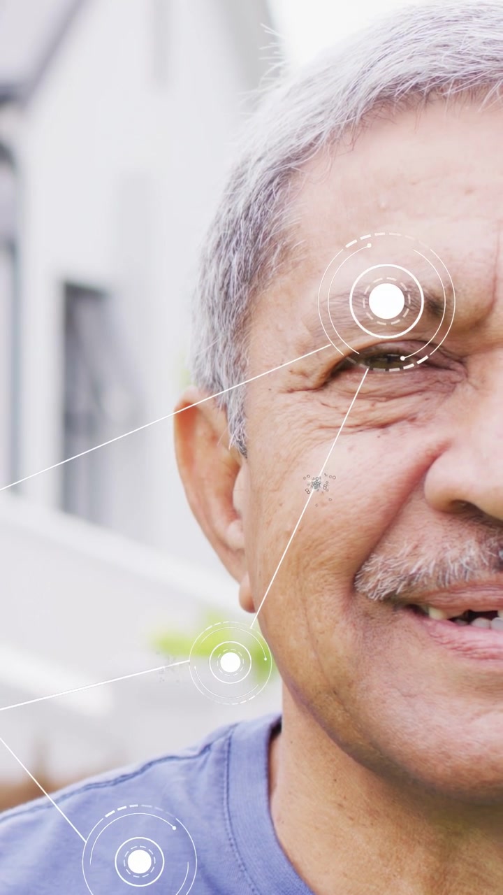 Vertical video: Circular graphic showing left senior man holding pose HUD locking onto eye for tech
