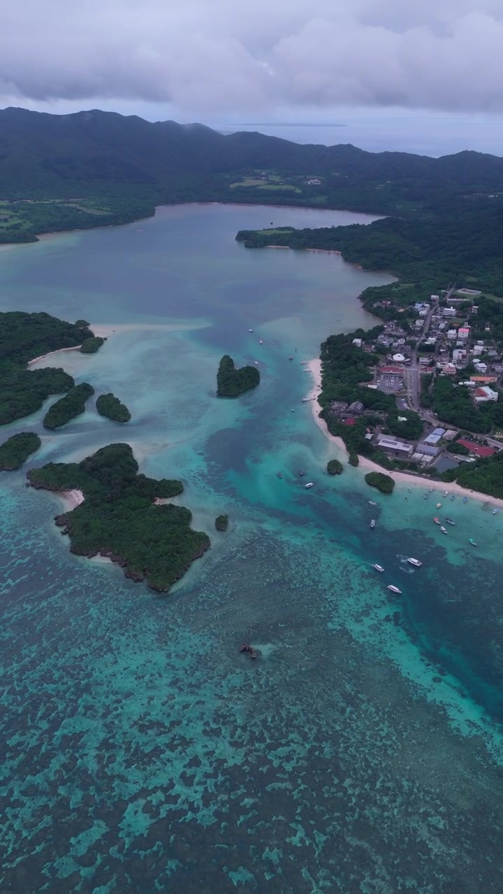 Vista aerea del Canale della Baia di Kabira con insenature e acque turchesi a Okinawa, Giappone. - ripresa verticale.