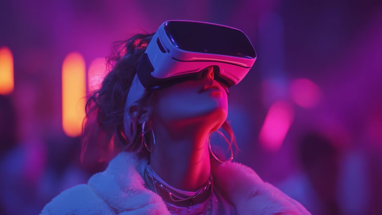 An Immersive Virtual Reality Experience: A User Engaged in Gaming and Exploration within a Neon-Drenched Environment, Showcasing Technology's Role in Modern Entertainment Culture