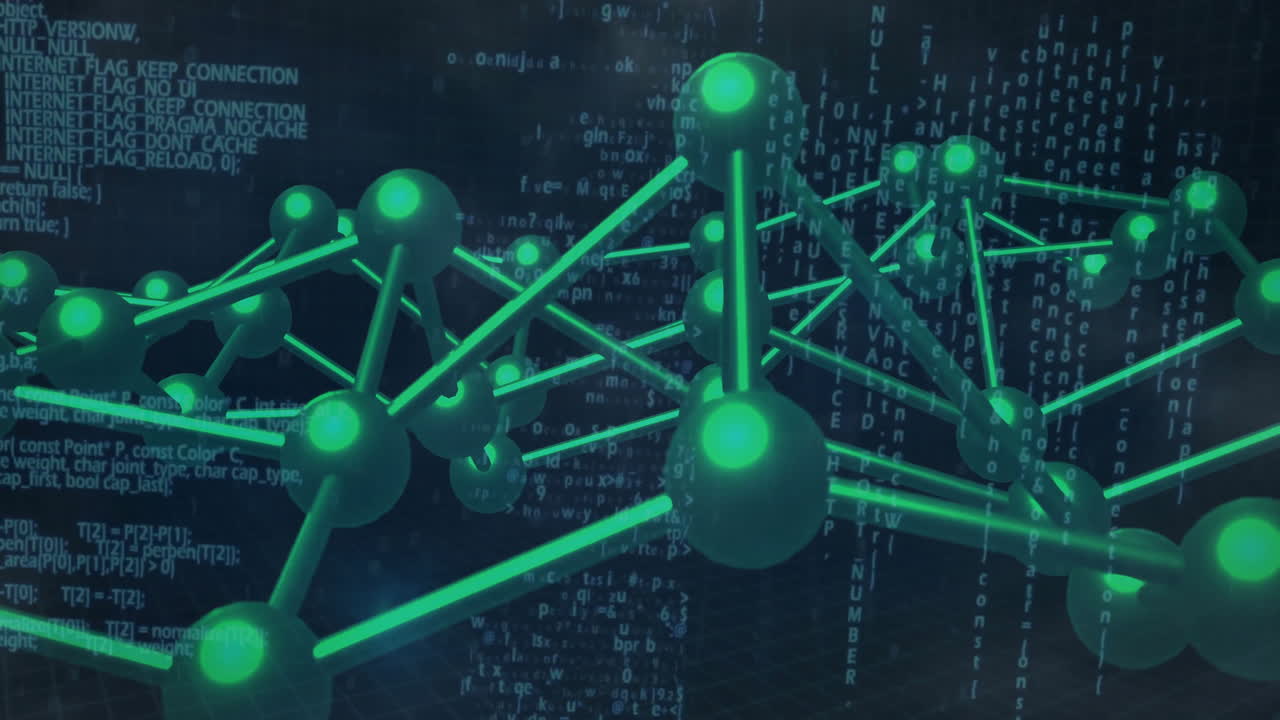 Visualizing 3D molecular net glowing green spheres connecting rods over grid plane, floating code