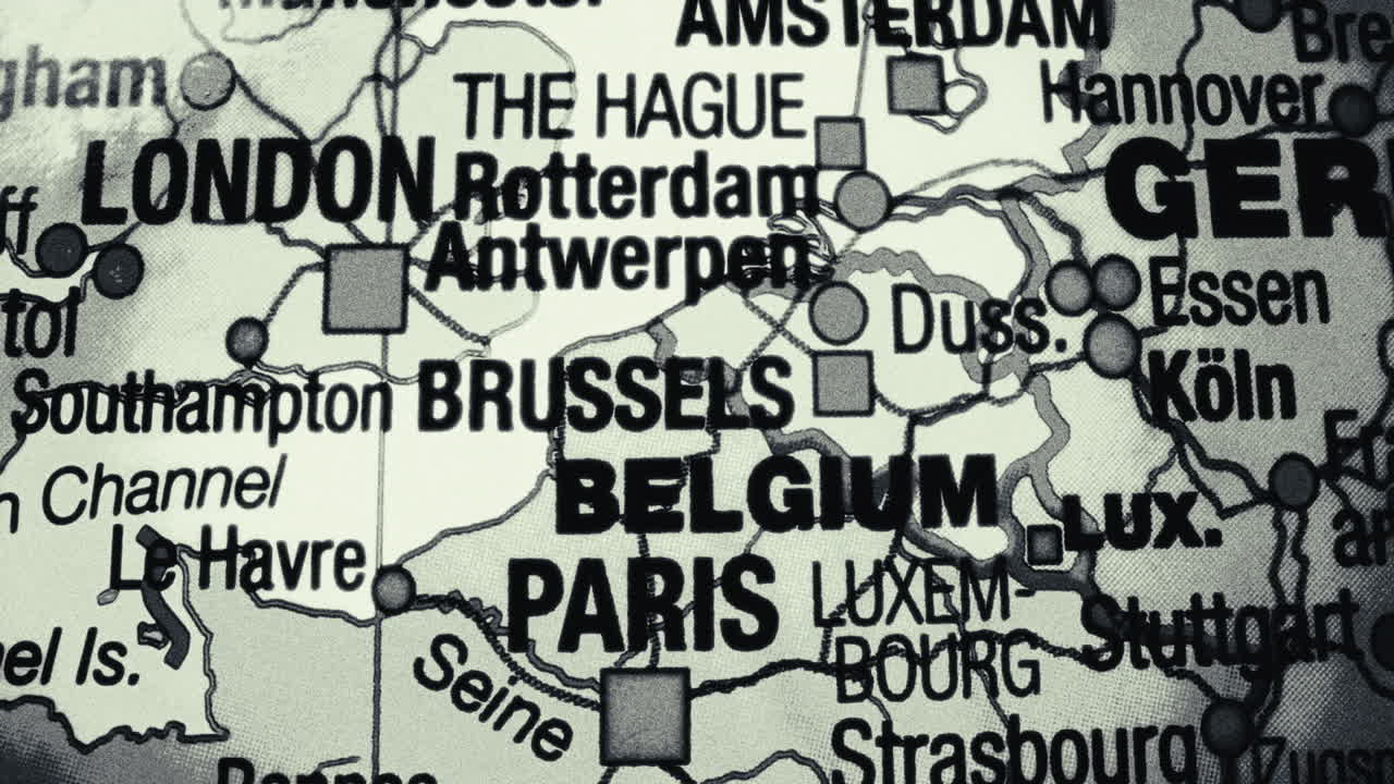 Close-up of a Map of Europe with Major Cities and Countries