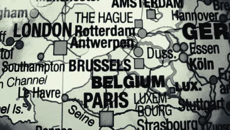 close-up of a map of europe with major cities and countries