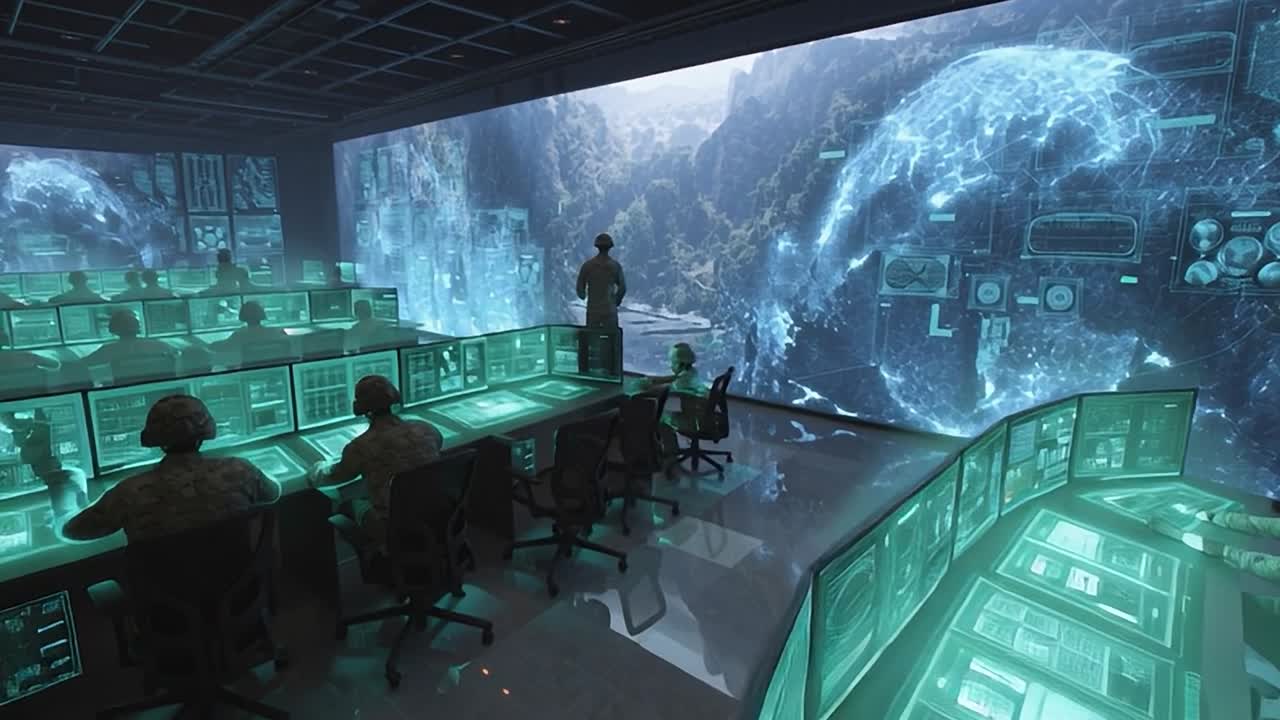 Military personnel in command center using advanced tech