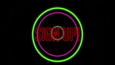 glowing red and green neon sign with up! text in circular design