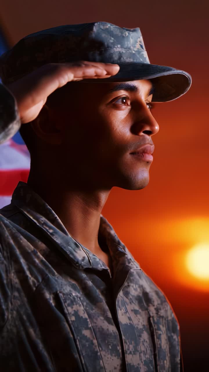 A Solemn Military Salute at Sunset: Honoring Duty and Service with Pride, a Soldier's Gesture Symbolizing Commitment and Respect for the Nation