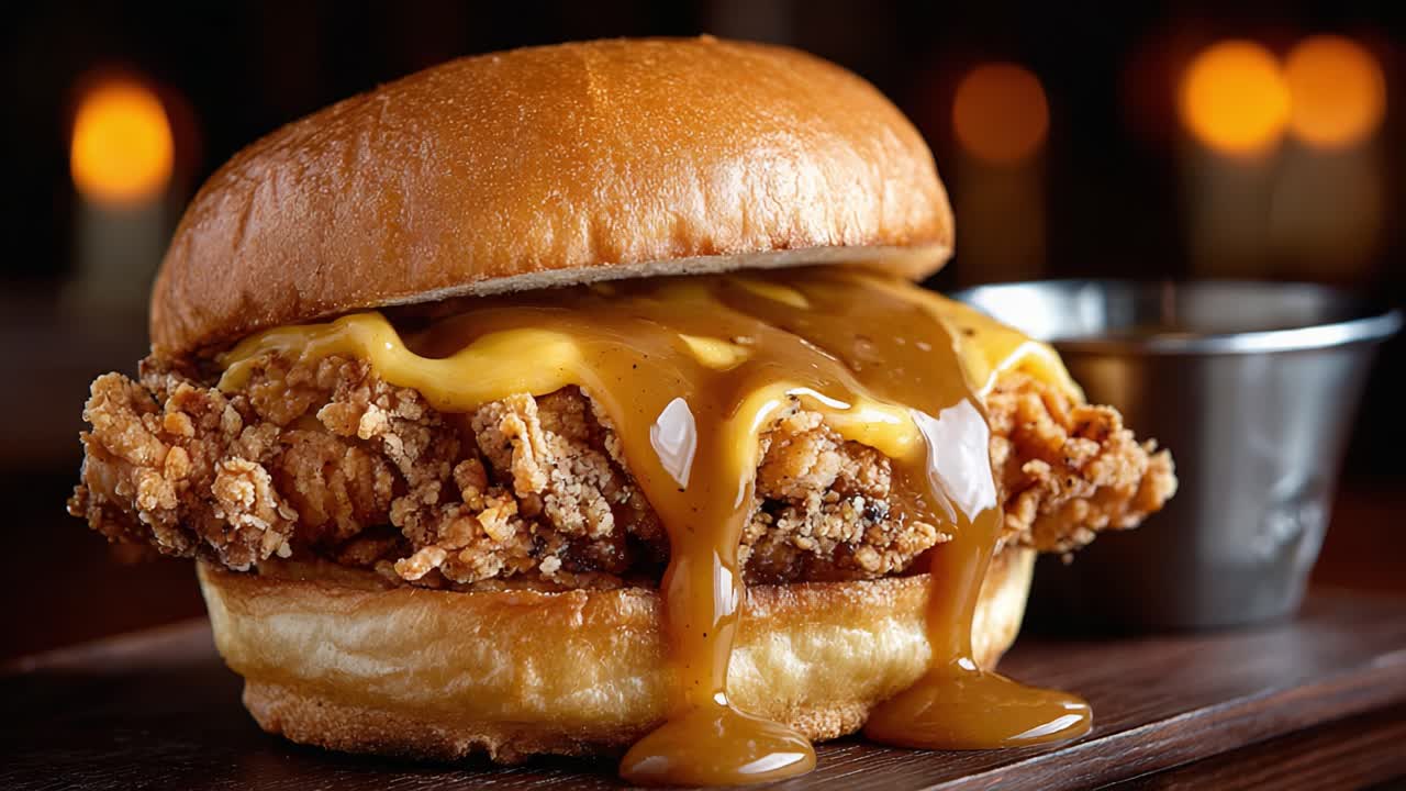 Indulge in an Exquisite Fried Chicken Sandwich Topped with Rich Cheddar Sauce, Perfectly Served with a Side of Creamy Dipping Sauce for a Mouthwatering Experience