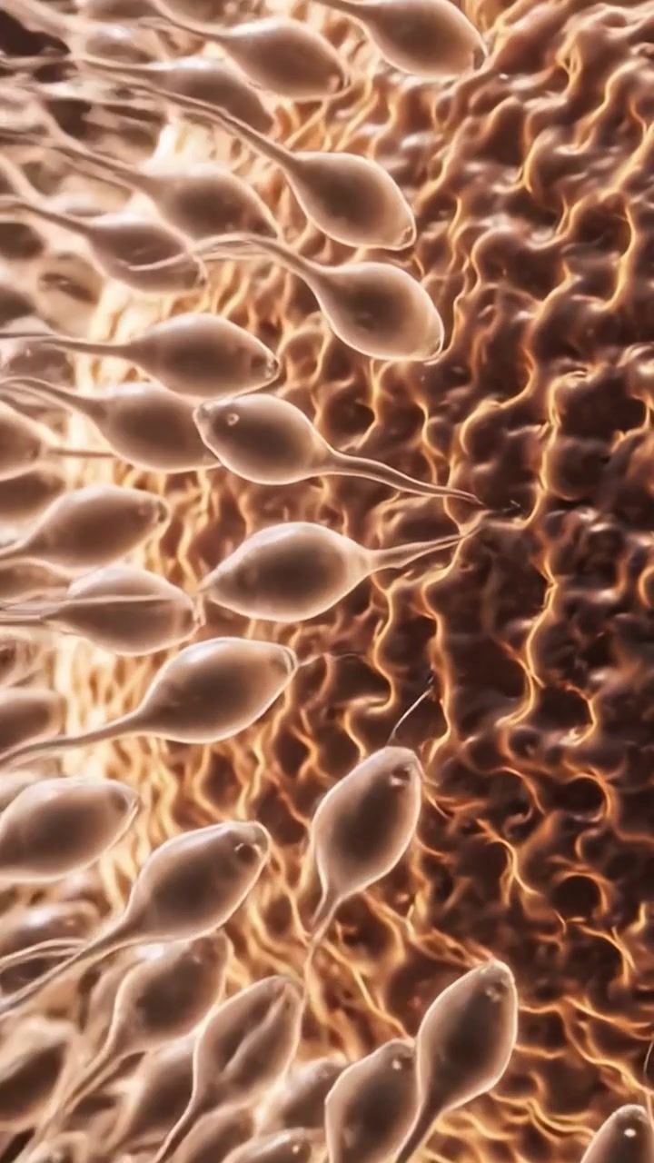 A Dynamic Journey of Sperm Cells Approaching an Egg for Fertilization in a Close-Up Animation Depicting the Microcosm of Reproduction