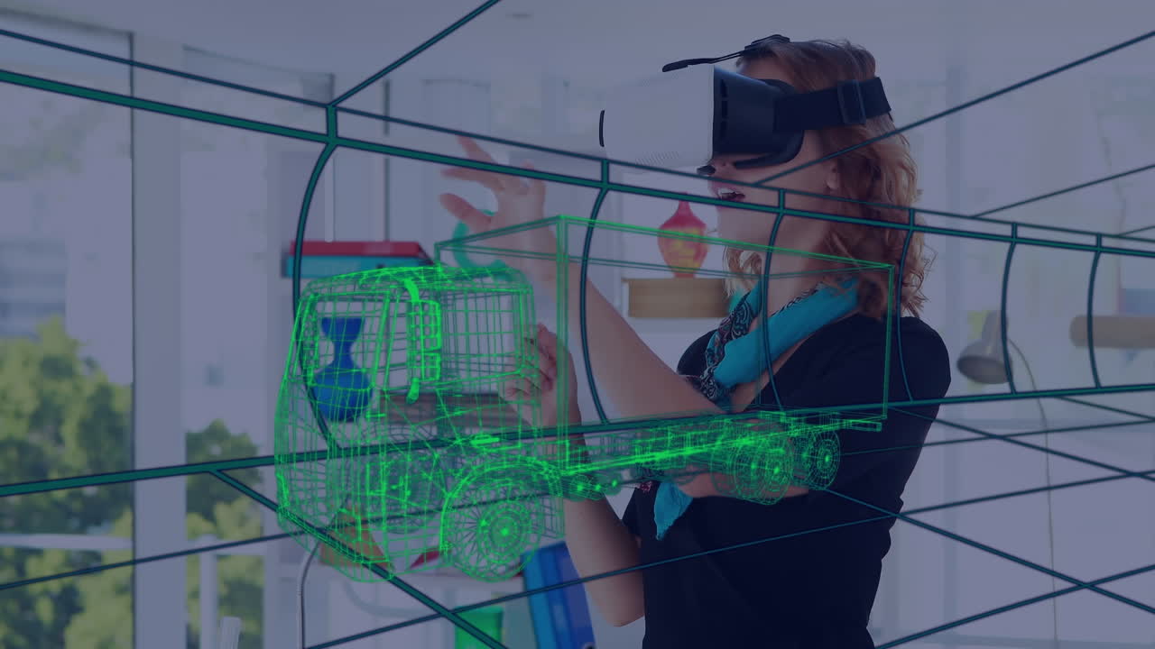 animación de dibujo 3d digital de un coche sobre una mujer usando auriculares vr