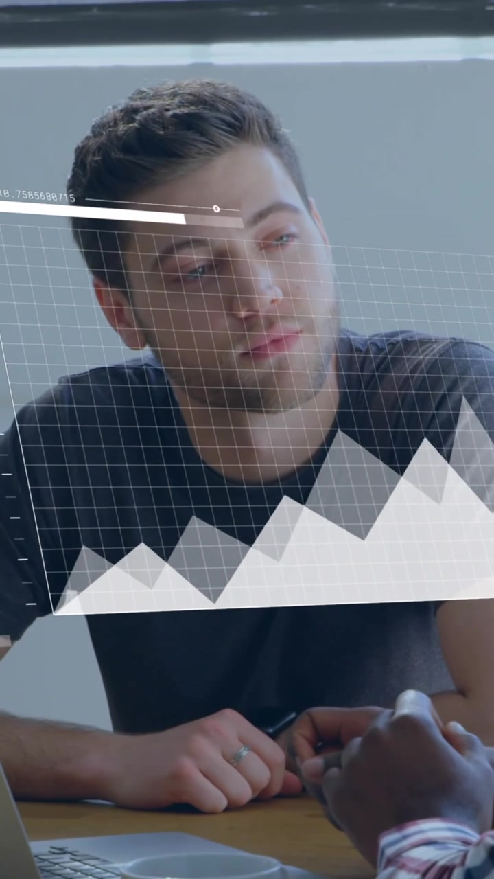 Animation of statistical data processing over two diverse men discussing at office
